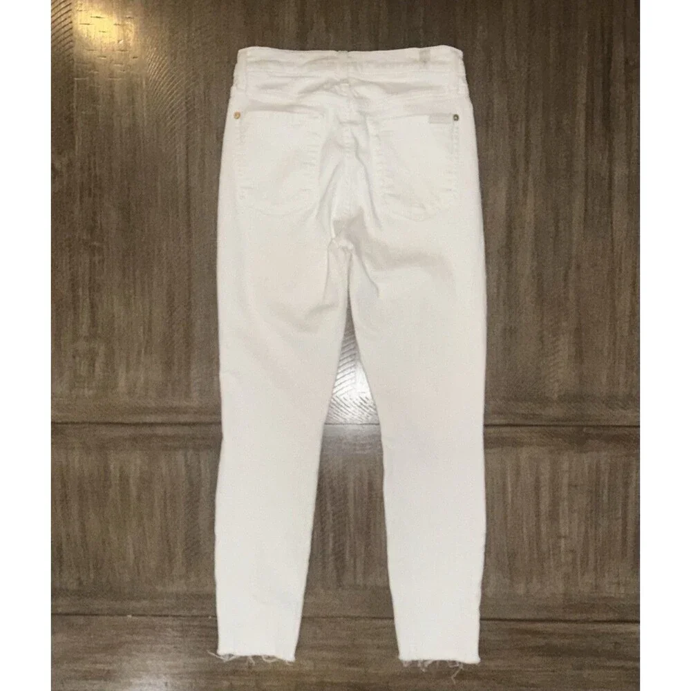 7 Seven For All Mankind High Waist Ankle Skinny Jeans Stretch Raw Hem White 26